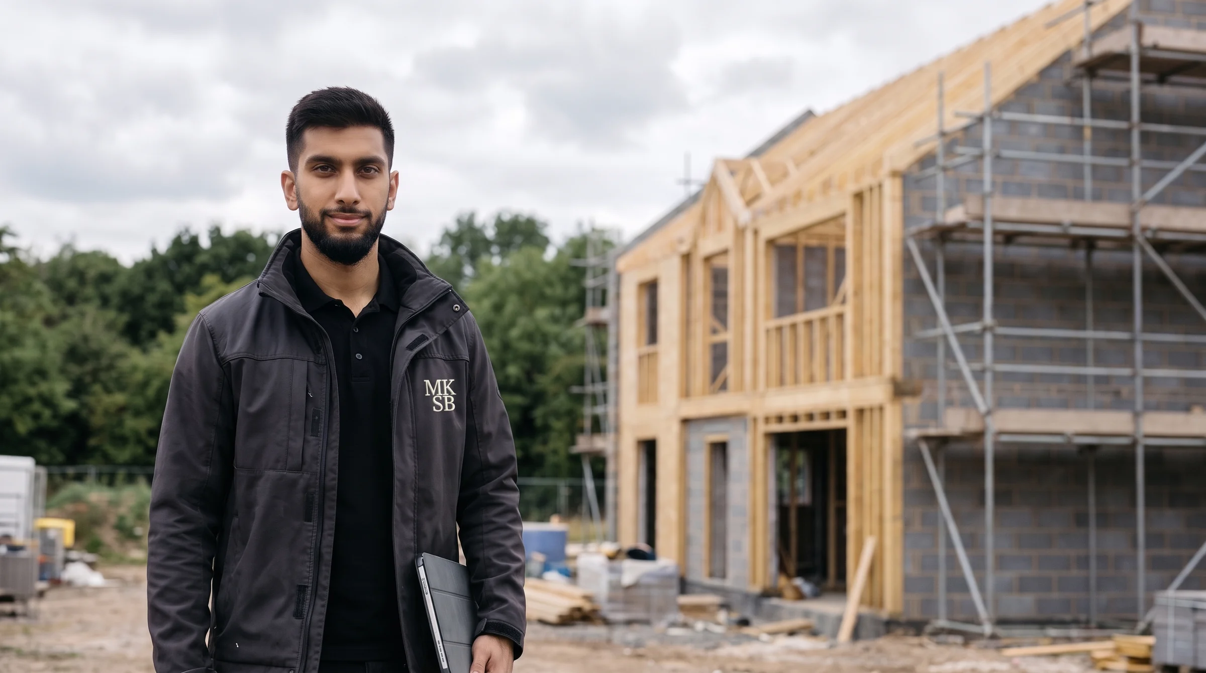 Muhammad K. Hussain on site, in front of a house under construction